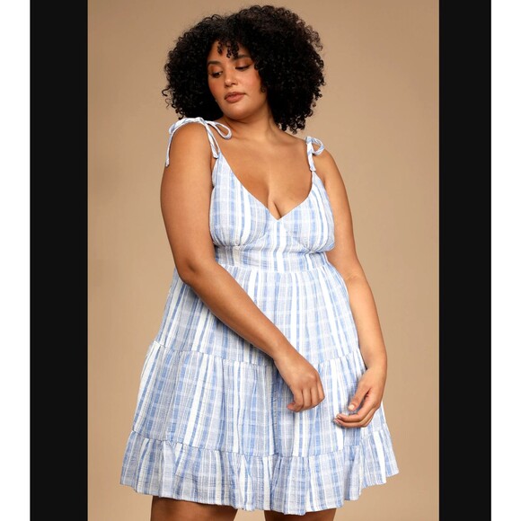 Lulus Shore of Yourself Blue Striped Tie Strap Tiered Mini Dress 2X Cotton NWT - Picture 7 of 12